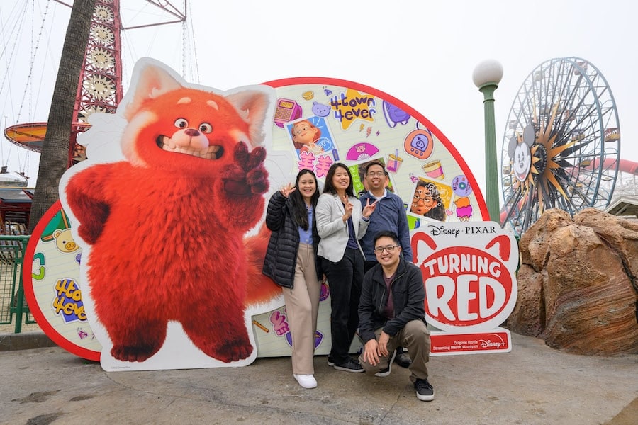 Guests at the brand new photo op at Disney California Adventure park themed to Turning Red