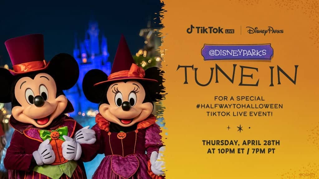 Graphic for a first of its kind DisneyParks TikTok Live beginning Thursday April 28 at 10 pm ET7 pm PT