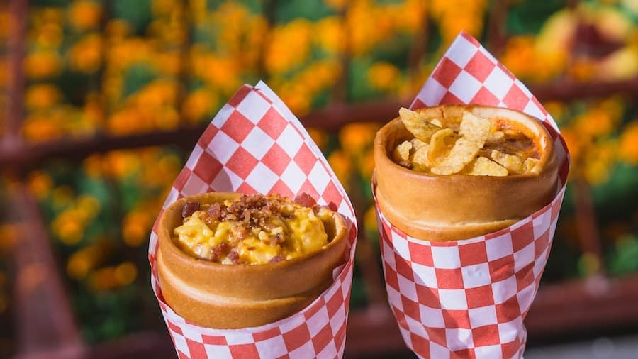 Cars Land Chili Cone Queso made with beef chili cheddar cheese and corn chips served in a bread cone