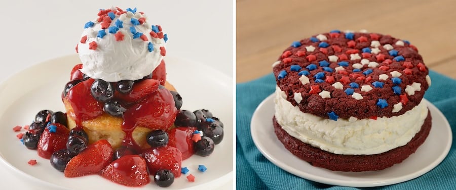 | The Main Street Mouse Berry Shortcake from Columbia Harbour House and a Red Velvet Cookie Ice Cream Sandwich from Plaza Ice Cream Parlor