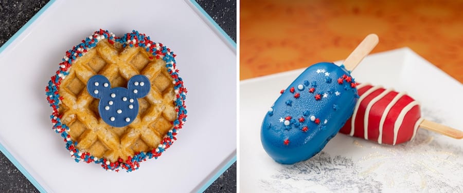 | The Main Street Mouse Fourth of July Liege Waffle and Red White Blue Cake Pops from Epcot
