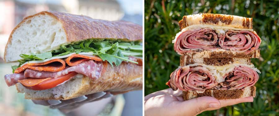 The first photo is a signature Italian Sub is built with layer upon layer of thinly sliced capicola sopresseta and pepperoni with provolone arugula tomato arugula pesto and mayonnaise on fresh baked ciabatta bread The second photo is the Warm Pastrami Reuben which is a classic deli staple with generous rolls of thin sliced warm pastrami topped with sauerkraut Swiss cheese and Thousand Island dressing on marble rye bread