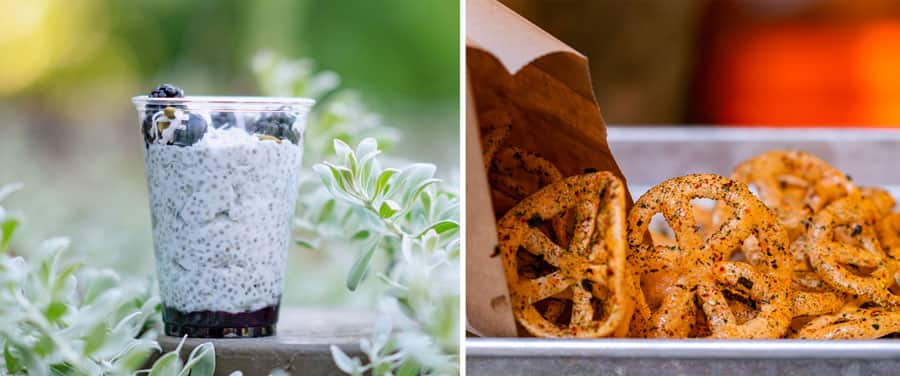 Blue Milk Chia Pudding and Peka Wheat Gear Puffs which are crispy wheat puffs in a savory and spicy seasoning blend