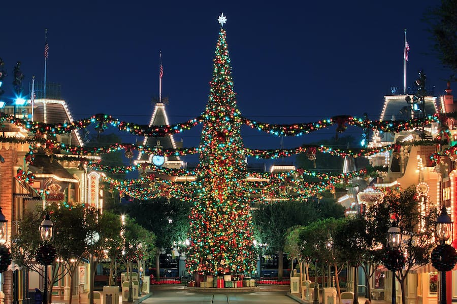 60 foot tall Christmas tree on Main Street USA at Disneyland park