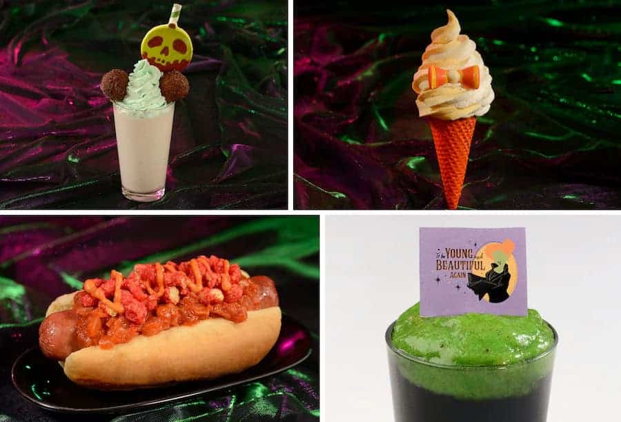 Not-So-Poison Apple Pie Milk Shake, Sweet Candy Corn Soft-serve Swirl Cone, Pain and Panic Hot Dog and Winifred’s Elixir of Youth