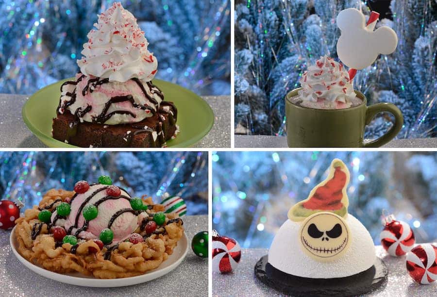 Collage of Plaza Ice Cream Parlor ice cream during Mickeys Very Merry Christmas Party