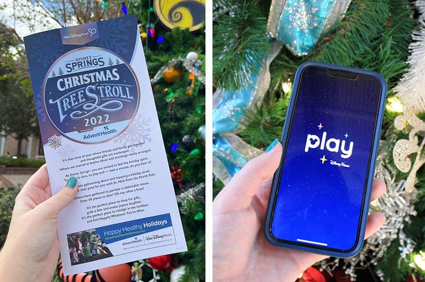 Collage of Disney Springs Christmas Tree Stroll guide and Play Disney Parks app
