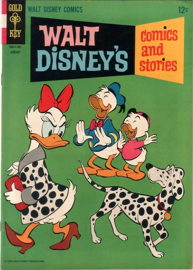 No one likes a copycat or a copy dog It turns out that Daisy's original fashion print has already been claimed by a disdainful dalmatian on this comic book cover for "Walt Disney's Comics and Stories." (Gold Key - K.K. Publications, #316, Vol. 27, No. 4, January 1967) (Cover art by Disney Legend Carl Barks) (Author's collection)