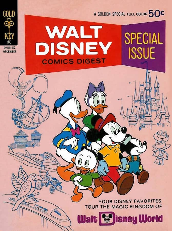Daisy and her friends are out to explore the brand-new wonders of Walt Disney World on this special issue cover of "Walt Disney Comics Digest." (Gold Key - Western Publishing, No. 32, December 1971) (Character art by Tony Strobl) (Author's collection)