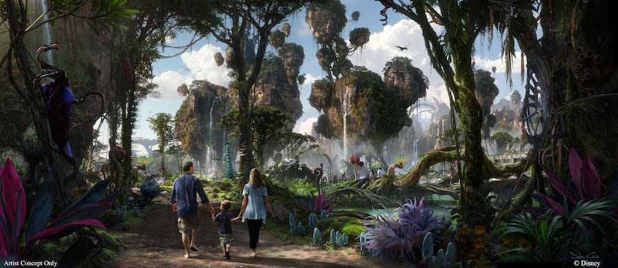 An early rendering of Pandora – The World of Avatar shows lush flora and floating mountains.