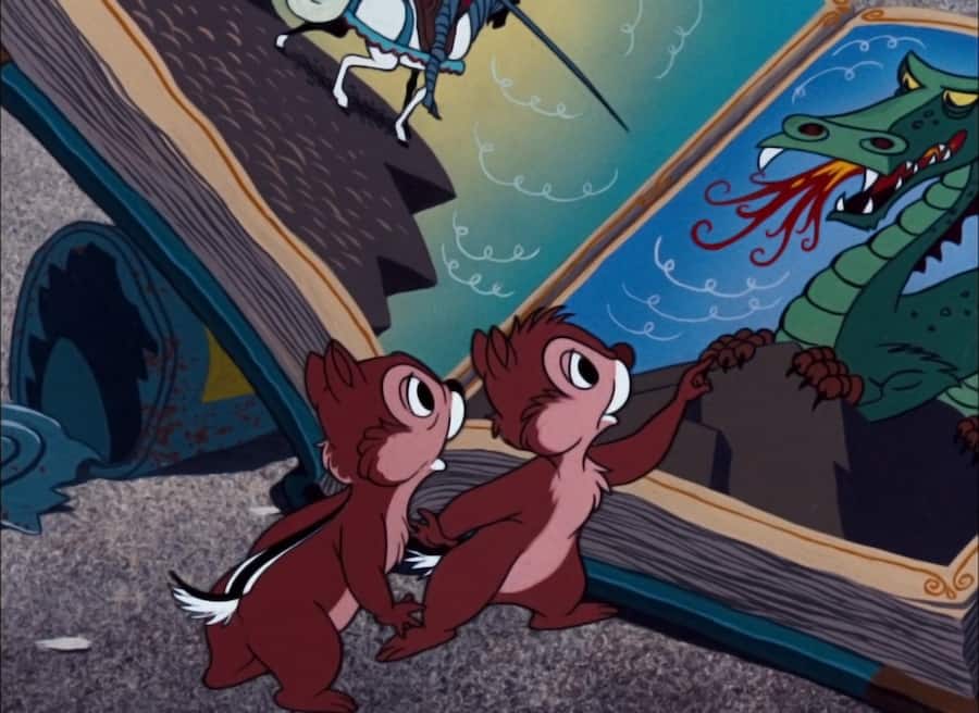 | The Main Street Mouse Chip Looks Doubtful As Dale Explains That a Storybook Dragon Threatens Their Safety in"Dragon Around" (1954).