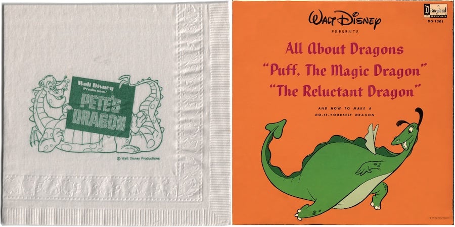 | The Main Street Mouse Two Happy Dragons Elliott Seen on a Napkin from the pete's Dragon" premiere party (1977), and The Reluctant Dragon, gracing a dragon-centric 1966 LP from Disneyland Records. (Author's collection)