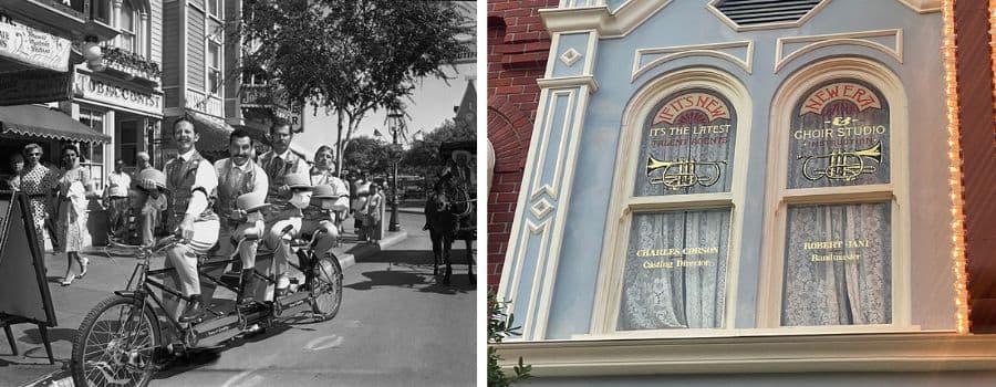 Left: The Dapper Dans ride a tandem bike down Main Street in a black-and-white photo. Right: Charles "Chuck" Corson's window on Main Street, U.S.A.