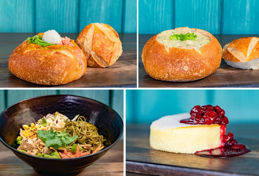 Collage of Curry Beef: Beef, carrots, potatoes, and onions cooked in classic curry topped with rice, pickled ginger, and green onions served in a Boudin sourdough bread bowl (top left) • San Fransokyo Clam Chowder: Creamy clam chowder with bacon, potatoes, and a hint of white miso served in a Boudin sourdough bread bowl (top right) • Soba Noodle Salad with tofu, cabbage, edamame, carrots, roasted corn, scallions, and cilantro topped with crispy shallots and sesame ginger dressing (bottom left) (Plant-based) • Japanese-style Fluffy Cheesecake (bottom right)