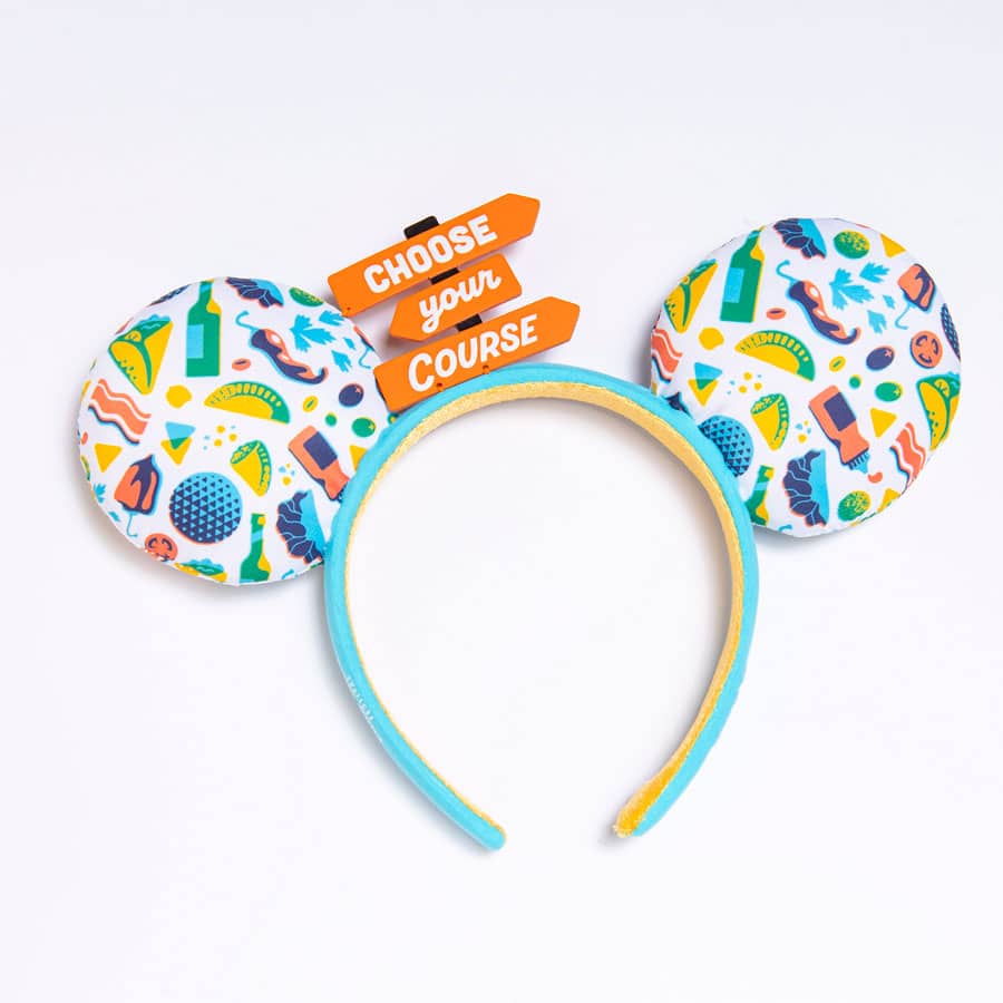 EPCOT International Food and Wine Festival 2023 Mickey ears headband featuring signs that read "choose your course"