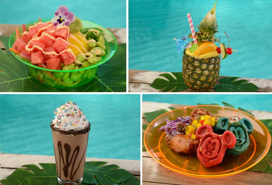 Collage of Barbeque Chicken and Waffles Watermelon Poke Bowl Pineapple ManGLOW Mai Tai Moonlight Mudslide