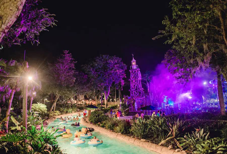 people swimming with inflatable floaties at H2O Glow Nights at Typhoon Lagoon