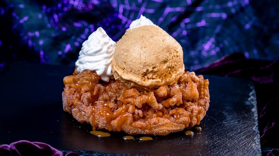 Pumpkin Churro Funnel Cake: Cinnamon sugar, caramel sauce, pumpkin ice cream and whipped topping at Hungry Bear Restaurant in Disneyland Park