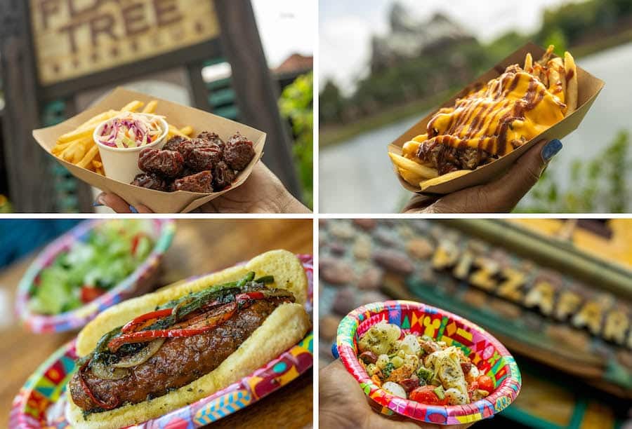 IMPOSSIBLE Burnt Ends French Fries with Pulled Pork and Cheese Plant based Italian Sausage and Antipasto Side Salad