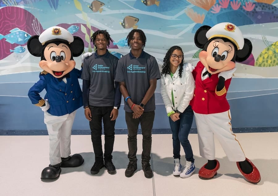 Captain Mickey Mouse and Captain Minnie Mouse with kids from the Junior Achievement South Florida and Boys Girls Clubs of Broward County at the new Port Everglades for Disney Cruise Line