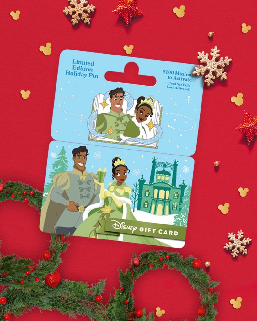 Disney Gift Card 2023 Holiday Pins Featuring Mickey, Moana and Tiana Now Available - Mickey Mouse and Minnie Mouse limited edition holiday pin 2023, Tiana and Prince Naveen limited edition holiday pin 2023, Donald Duck and Daisy Duck limited edition holiday pin 2023, moana, pua and HeiHei limiited edition holiday pin 2023