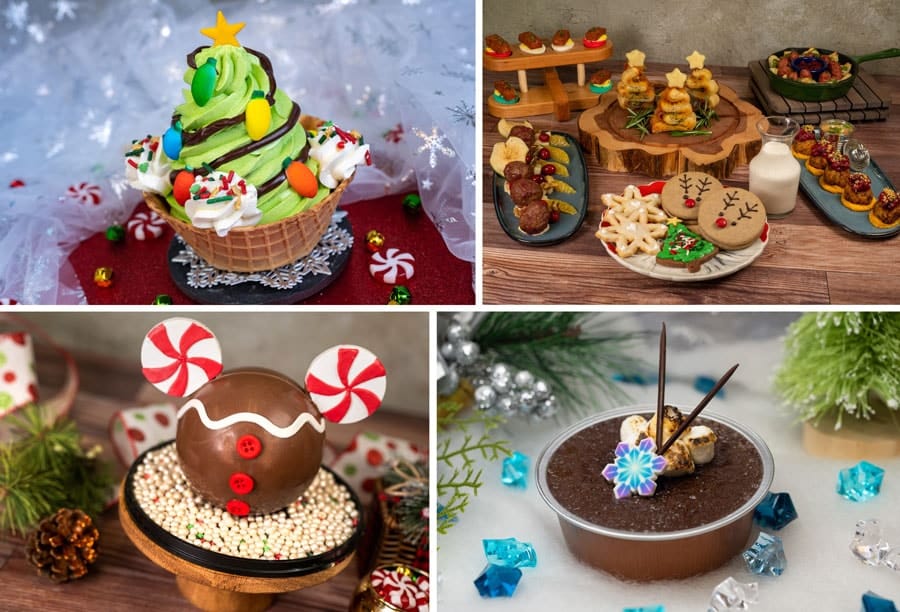 Collage of four holiday themed treats at Disney Springs