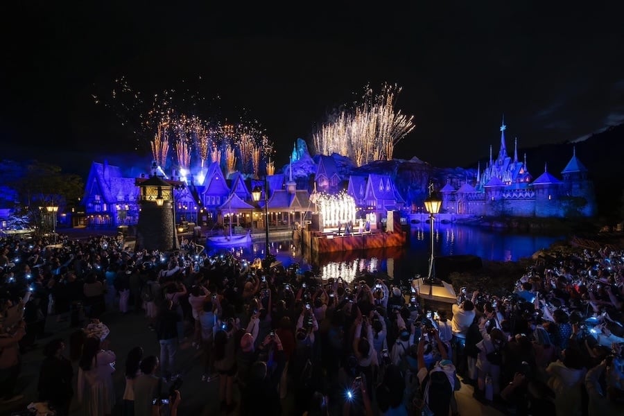 Fireworks over World of Frozen at Hong Kong Disneyland