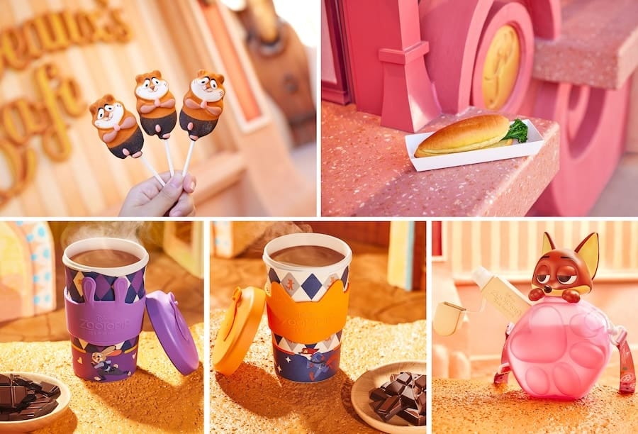 Lemming Marshmallows Frittata Sandwich Hot Chocolate with Judy Hopps Hot Beverage Cup Hot Chocolate with Nick Wilde Hot Beverage Cup and White Peach Waxberry Flavored Sparkling Special Drink with Nick Souvenir Cup from Jumbeauxs Cafe when Zootopia opens at Shanghai Disney Resort Dec 20 2023