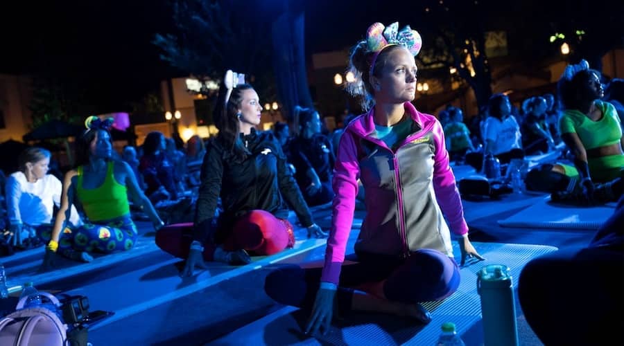 Guests doing runDisney Springtime Surprise Yoga at Walt Disney World 