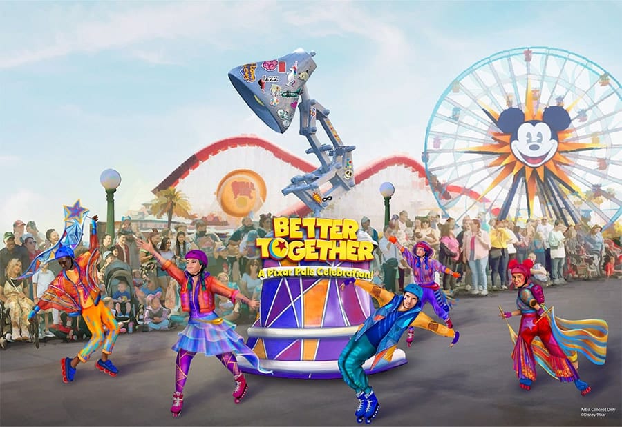 Rending of new parade float for new daytime parade Better Together A Pixar Pals Celebration coming to Pixar Fest 2024 at Disney California Adventure Park
