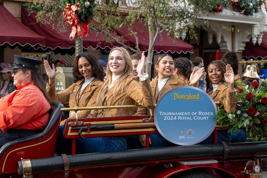 2024 Rose Queen Naomi Stilitano and the Royal Court riding in special cavalcade at Disneyland Main Street USA