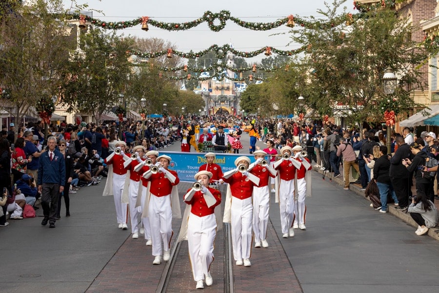 Rose Bowl special cavalcade at Disneyland Main Street USA featuring Michigan and Alabama