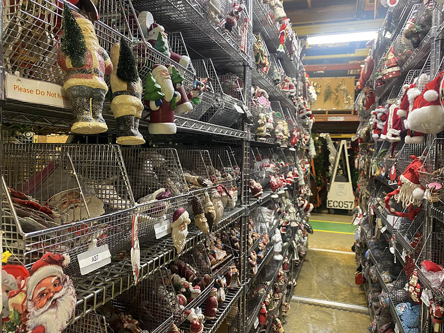A row of Christmas ornaments inside the Holiday Services warehouse