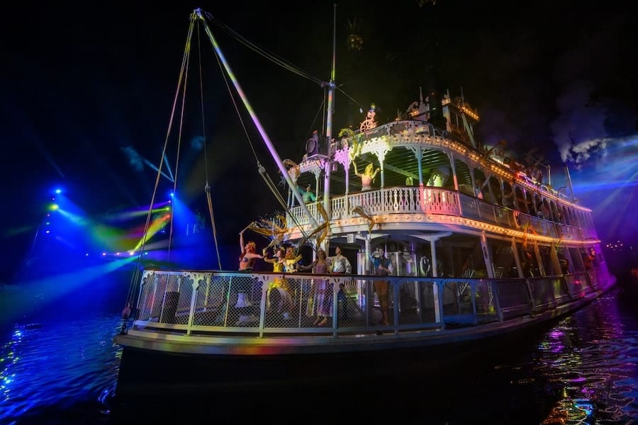 Disney characters on a boat during “Fantasmic!” at Disneyland Park, returning in 2024