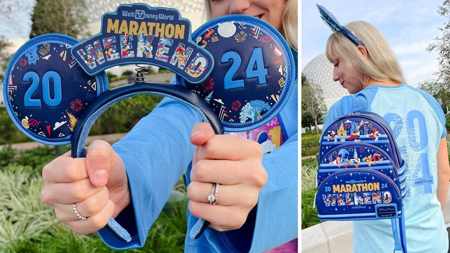 collage of two pictures containing mickey ears and a Loungefly both themed to 2024 marathon weekend