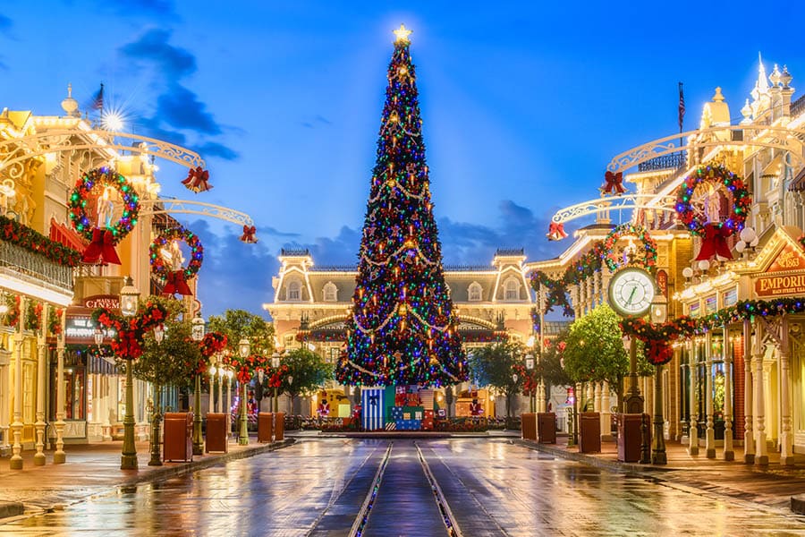 The Christmas tree on Main Street, U.S.A. at Magic Kingdom Park, lit up at night