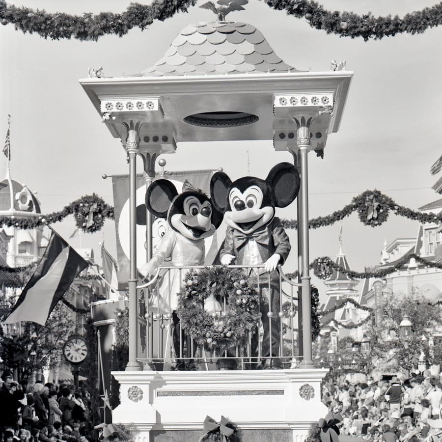 Mickey Mouse and Minnie Mouse in the Christmas parade in Magic Kingdom in 1976