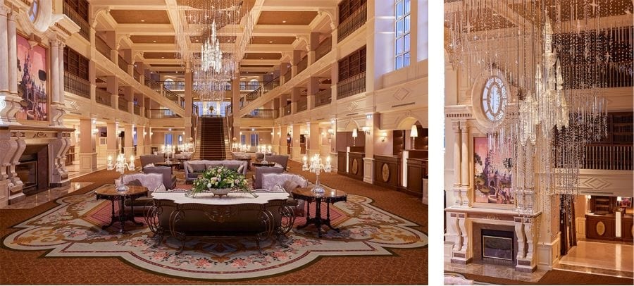 The lobby of the newly reopened Disneyland Hotel in Paris