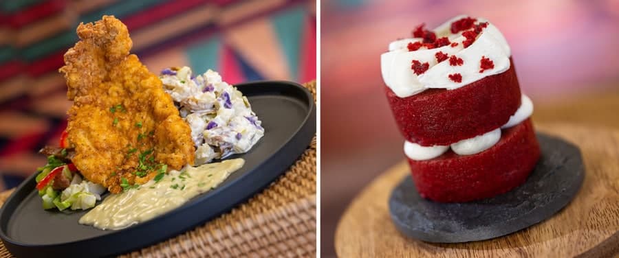 collage of Country Fried Pork Steak with Herbed Gravy and Mini Red Velvet Cake