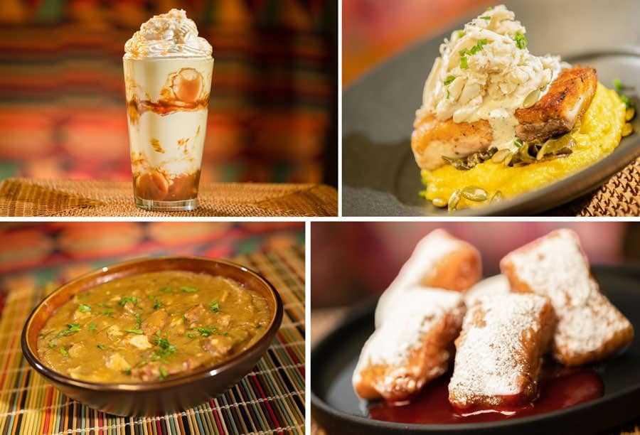 collage of Bananas Foster Shake Crab topped Catch of the Day Chicken and Andouille Gumbo Tiana's Famous Beignets