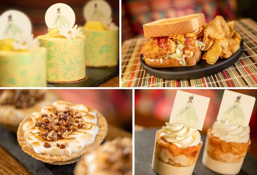 Collage of Tianas Petit Cake Fried Green Tomato BLT Sandwich Sweet Potato Pie and Peach Cobbler
