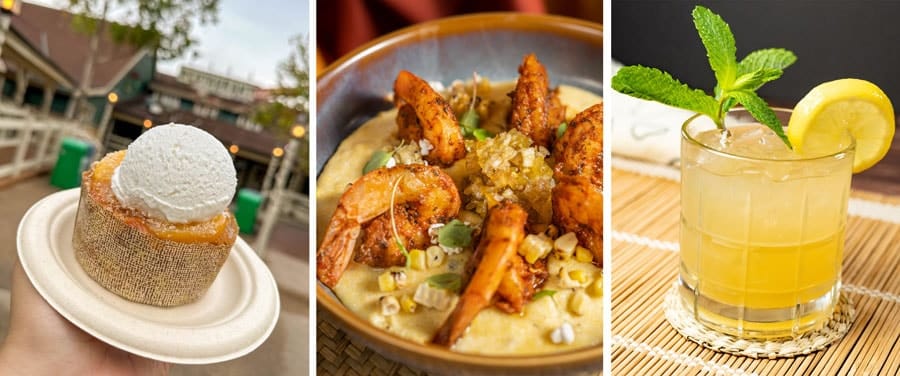 Collage of Peach Cobbler Mini Cake Shrimp and Grits and The Ginger Whiskey