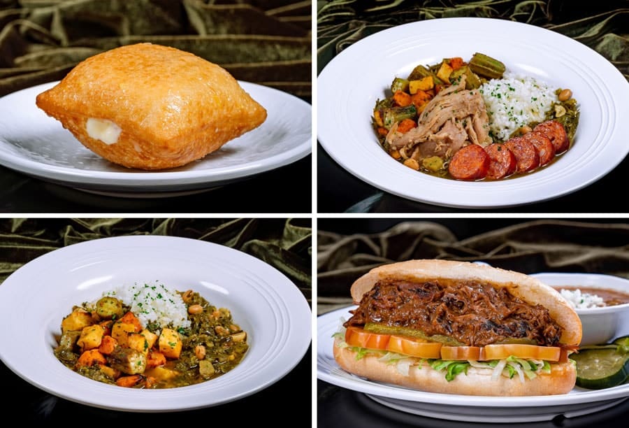 Collage of Beignet 7 Greens Gumbo with Chicken Andouille Sausage 7 Greens Gumbo and Beef Poboy Sandwich