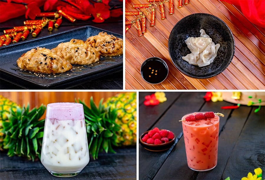 Fried Lemongrass Chicken Dumplings Steamed Pork Vegetable Dumplings Yuja Pineapple Cooler and Raspberry Oat Milk Tea from Wrapped with Love for Lunar New Year 2024