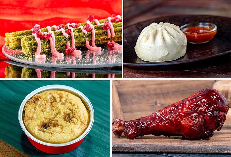 Strawberry Green Tea Churro from Terran Treats Chicken Bao Baked Brown Sugar Nian Gao and Char Siu Turkey Leg from Select Outdoor Vending Carts for Lunar New Year 2024