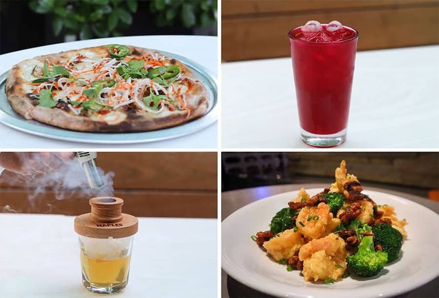 Banh Mi Pizza Dragon Eye Punch Mocktail and Dragons Breath Cocktail from Naples Ristorante e Bar Walnut Shrimp from Splitsville Luxury Lanes for Lunar New Year 2024