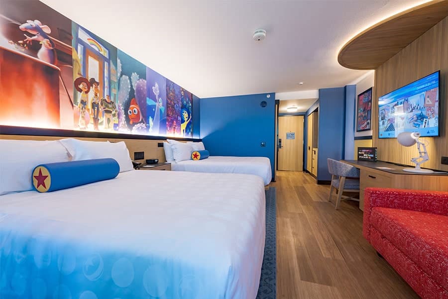 Pixar Place Hotel at Disneyland Resort — Pixar-Themed Guest Room With whimsical nods to Pixar Animation Studios such as lighting reminiscent of the Pixar Lamp and pillows inspired by the Pixar Ball, guests can enjoy themed guest rooms in a comfortable and contemporary setting at Pixar Place Hotel at Disneyland Resort in Anaheim, Calif. (Richard Harbaugh/Disneyland Resort) 