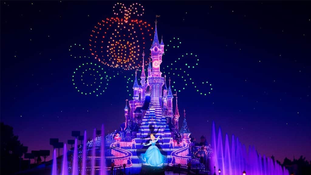 Drones creating Cinderella's pumpkin coach during the “Disney Electrical Sky Parade!” at Disneyland Paris