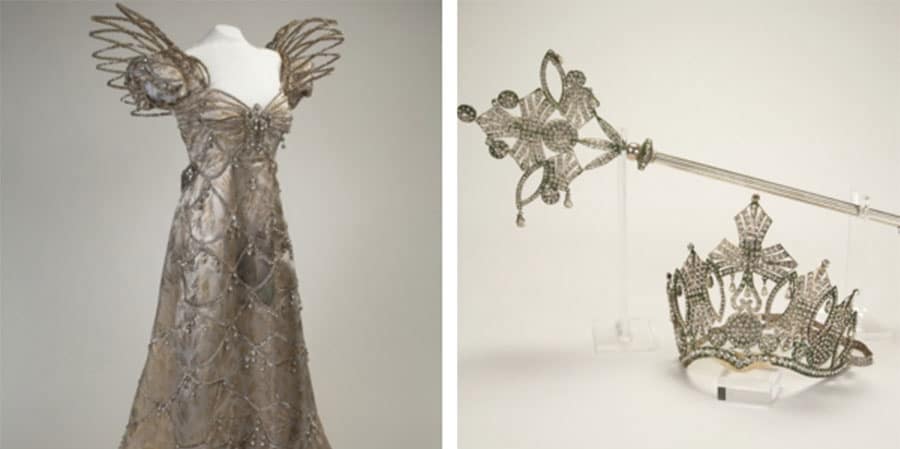 Dress, crown and scepter worn by Montine McDaniel Freeman to a ball on February 19, 1955