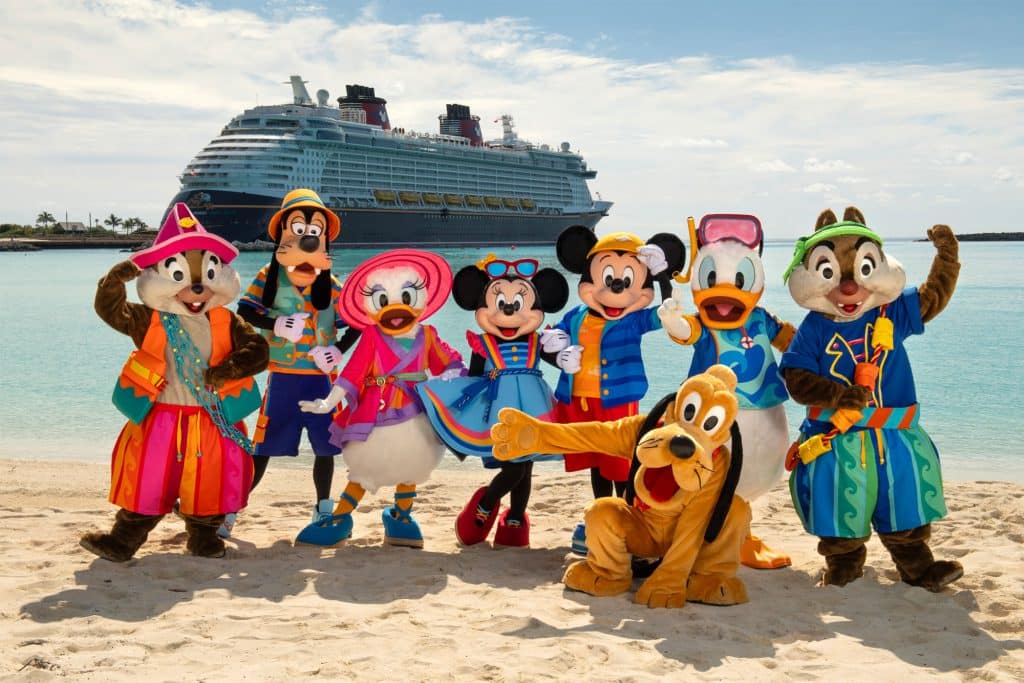 Image of Mickey Mouse and friends on Castaway Cay in their new beach outfits - Disney Cruise Line